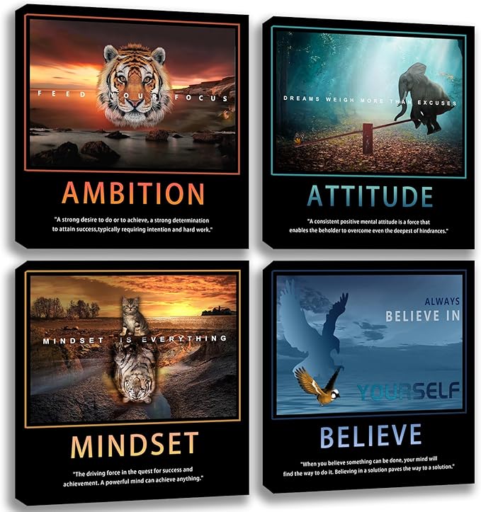 Motivational Wall Art Decor Quotes Canvas Wall Art Set of 4 Motivation Picture Prints for Home Office Canvas Painting Wall Art Poster Prints Wall Pictures Decoration Framed Ready to Hang 16"x16"x4