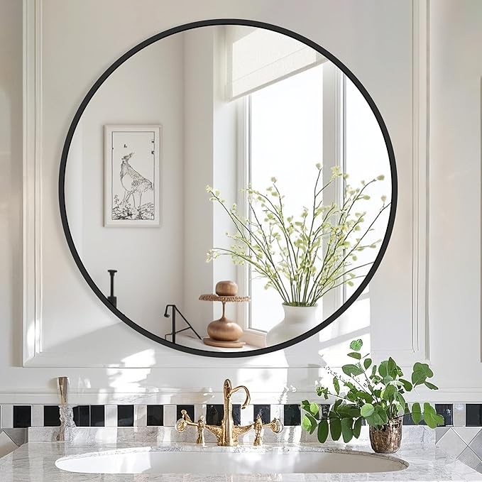 Black Bathroom Mirrors for Wall,30'' Round Circle Mirror for Entryway Bedroom Vanity Frame Mirror(30'',Black)