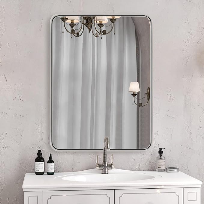 ANDY STAR 28x36 INCH Chrome Bathroom Mirrors, Polished Chrome Bathroom Mirror, Rounded Rectangle Mirror, Anti-Rust SUS304, Tube Metal Frame, 1’’ Deep Wall Mounted Vertically/Horizontal for Bathroom