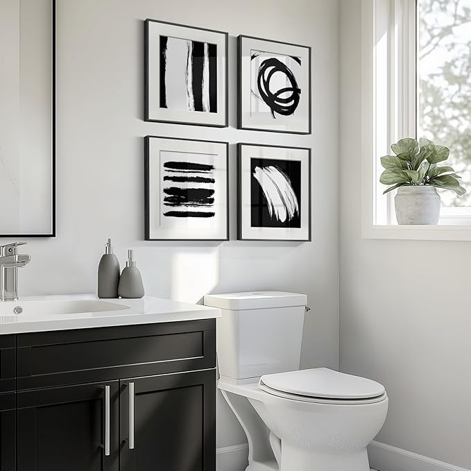 4 Piece Framed Abstract Minimalist Wall Art Sets, Black and White Line Modern Home Decor Artwork, Contemporary Picture Painting for Living Room, Bedroom, Bathroom and Hallway 12x12 Inch