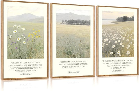 Aurlan Christian Bible Verses Scripture Framed Wall Art(24"x36"), 3PCS Boho Wildflowers Landscape Nature Canvas Artwork, Religious Luke12:27 Psalm46:10 Psalm23:1-2 Jesus Faith Gift Decor for Home Office Bedroom