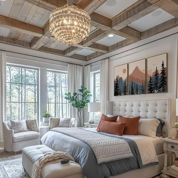 Large Boho Mountain Wall Art Framed Canvas Mid Century Nature Landscape Sunrise Theme Abstract Black Pines Tree Forest Wall Decor for Living Room, Bedroom, Office - 24x36 Inch, 3 Panels