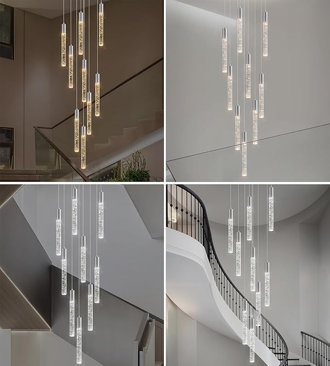 9-Lights High Ceiling Crystal Chandelier, Modern LED Raindrop Pendant Light Fixture 79" H Flush Mount Chandelier Chrome for Foyer Staircase Living Room