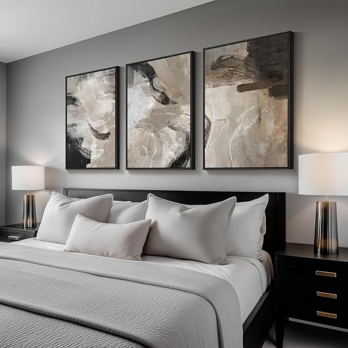 Large Framed Neutral Abstract Wall Art for Living Room, 3 Piece Modern Canvas Prints Paintings Artwork for Walls, Black Beige Brown Neutral Tone Pictures for Hallway Bedroom Office Wall Decor 24x36 In