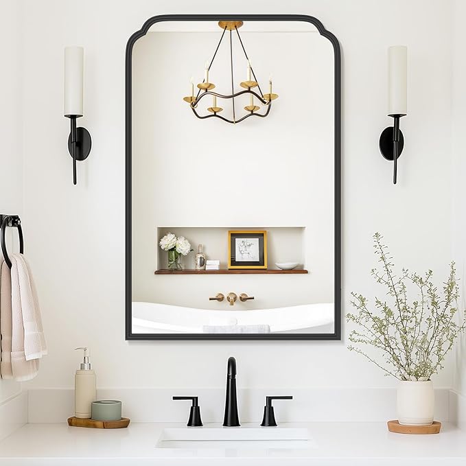 24X36 Inch Black Bathroom Mirror for Over Sink, Modern Rounded Corner Rectangle Mirror with Non-Rusting Iron Metal Framed Bathroom Vanity Mirror for Wall Decor(Tempered Glass)