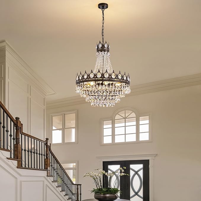 7PM Large Crystal Chandeliers, Vintage French Empire Chandelier, Antique Bronze Crystal Pendant Light, Rustic Farmhouse Ceiling Light for Dining Room Bedroom Living Room Kitchen Foyer, W 24"