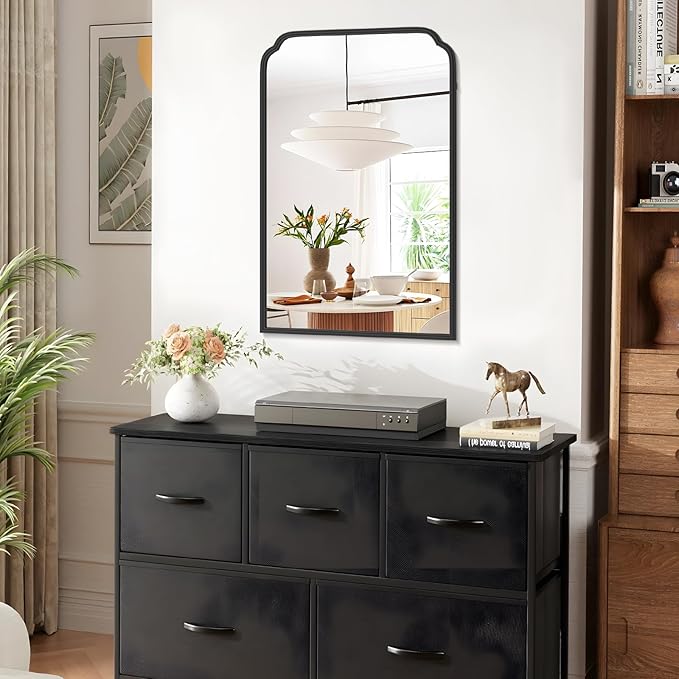 24X36 Inch Black Bathroom Mirror for Over Sink, Modern Rounded Corner Rectangle Mirror with Non-Rusting Iron Metal Framed Bathroom Vanity Mirror for Wall Decor(Tempered Glass)