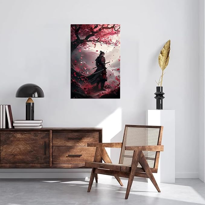 Japanese Samurai Wall Art Japan Warrior Plum Painting Canvas Prints Black and Red Picture Modern Watercolor Painting for Bedroom Living Room Office Home Decoration Framed (12''W x 16''H)