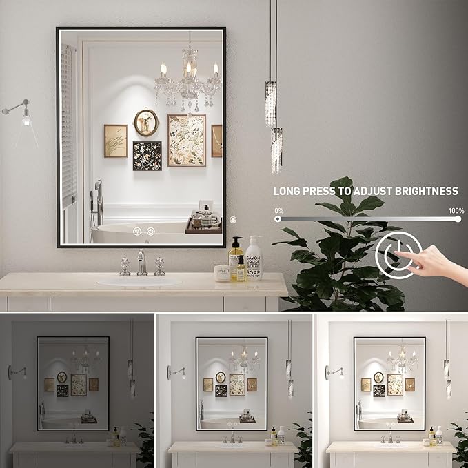 36x28 Inch LED Bathroom Mirror with Light,Black Metal Frame Lighted Vanity Anti Fog Dimmable Touch Switch