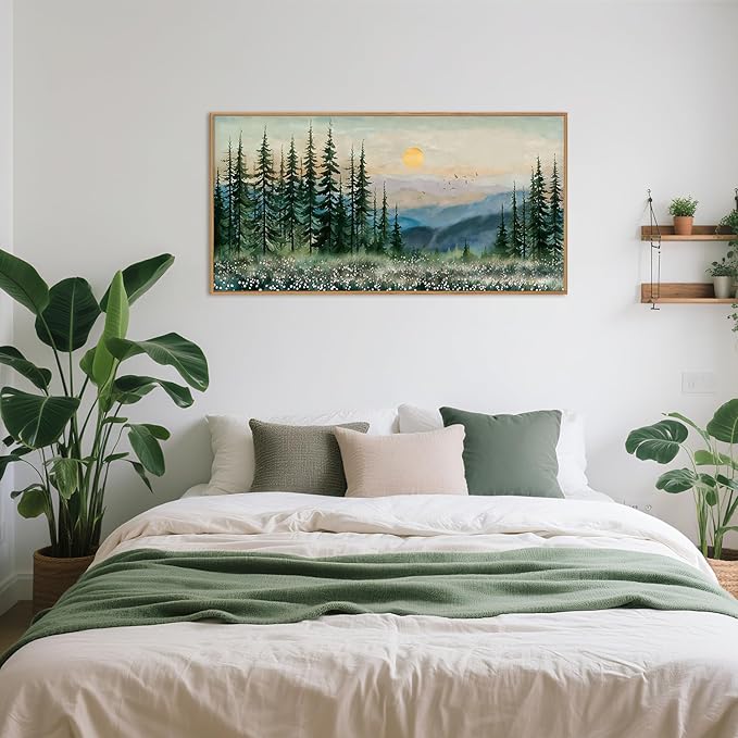 Nature Sunset Forest Framed Canvas Wall Art Set,Watercolor Landscape Green Pine Tree Wall Decor, Modern Boho Mountain Art Printing for Living Room,Bedroom-20 x40