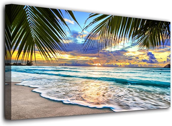 Beach Canvas Wall Art Seascape Theme Pictures Home Decor Blue Ocean White Wave Palm Tree Prints Painting for Living Room Bathroom Bedroom Kitchen Office Decoration Natural Scenery Artwork 28x57 inches