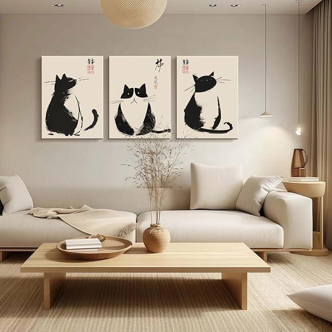 3Pcs Framed Black Cat Japanese Zen Ink Style Cute Funny Animal Wall Art Decor Canvas Print Picture Poster Gallery Bathroom Bedroom Living Room Office 16x24 Inch Ready to Hang