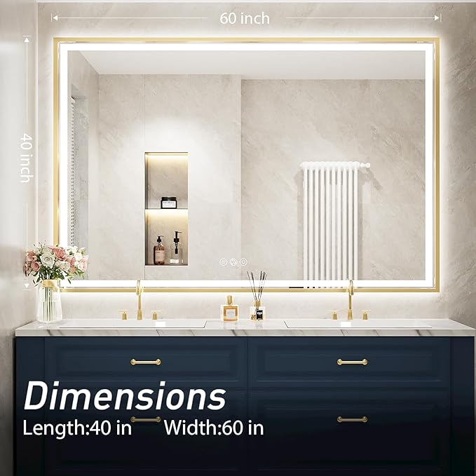 60X40 Inch Led Bathroom Mirror,Frontlit & Backlit Lighted Mirror,Gold Metal Frame Vanity Mirror for Wall,Double Lights Strips,Anti Fog Stepless 3 Colors Temperature & Dimmable