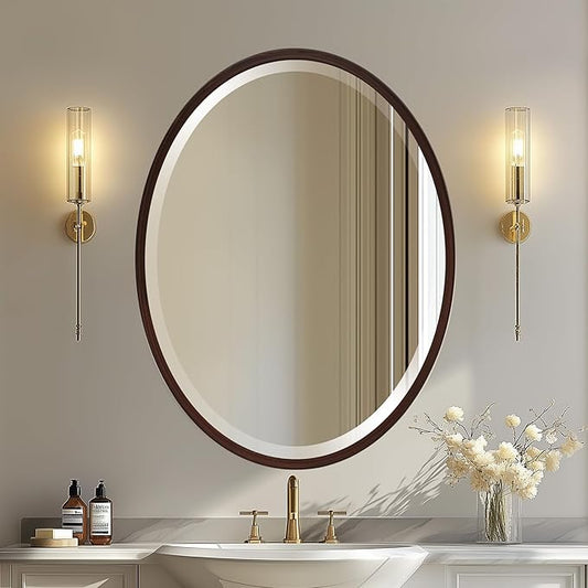 OVALCREST - Oval Wooden Beveled Wall Mirror for Home Decor, Bathroom, Vanity, Bedroom, Living Room, Hallway - London Style (Black Walnut) 21.1 x 17.1