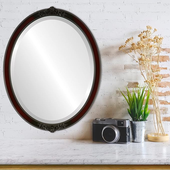 OVALCREST Oval Beveled Wall Mirror for Home Decor - Athena Style - Rosewood - 26" x 22" Outside Dimensions