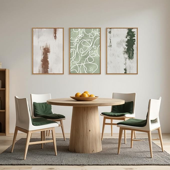 Large Abstract Green and Brown Framed Canvas Wall Art,Neutral Brush Stroke Wall Decor,Modern Watercolor Line Artwork,Minimalist Geometric Art Print for Living Room,Bedroom,Office- 24"x36"x3