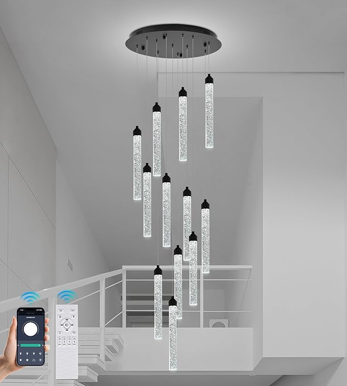 12-Lights High Ceiling Crystal Staircase Chandelier Black, Modern Spiral Raindrop Dimmable LED Bubble Cluster Ceiling Hanging Lighting Fixture for Foyer Living Room Entrance Remote Control