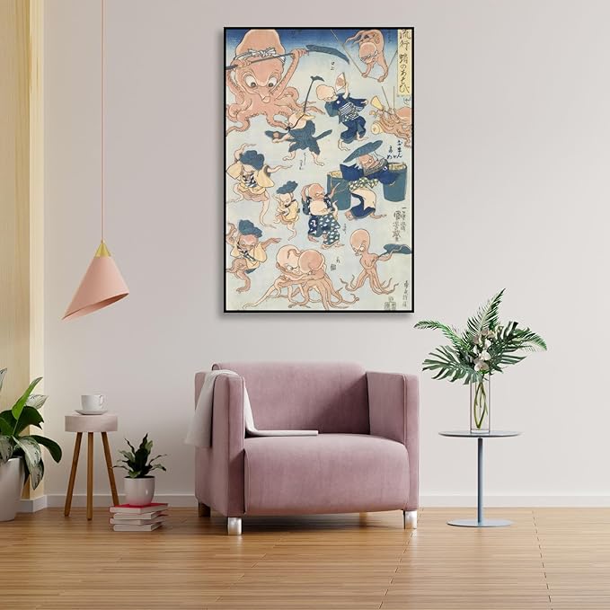 OKRA Utagawa Kuniyoshi Canvas Wall Art Octopus Games of Sumo Wrestling Poses Poster Japanese Ukiyo-E Woodcut Art Animal Nature Landscape Poster Japanese Classic Wall Decor Unframed 16×24in/40×60cm