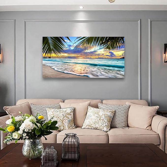 Beach Canvas Wall Art Seascape Theme Pictures Home Decor Blue Ocean White Wave Palm Tree Prints Paintings for Living Room Bathroom Bedroom Kitchen Office Decoration Natural Scenery Artwork 24x48inches