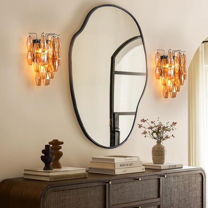 Black Wall Sconce, Modern Black Sconce Wall Lighting, Amber Glass Sconces for Bathroom, Luxury Wall Lights for Living Room, Wall Lamp for Bedroom, Vanity Light for Hallway, Staircase