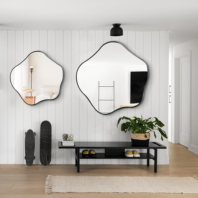 Large Scalloped Mirror, 35" Irregular Shaped Mirror, Asymmetrical Wall Mirrors Decorative, Modern Wavy Round Mirrors for Living Room Bathroom Bedroom Hallway Entryway Fireplace