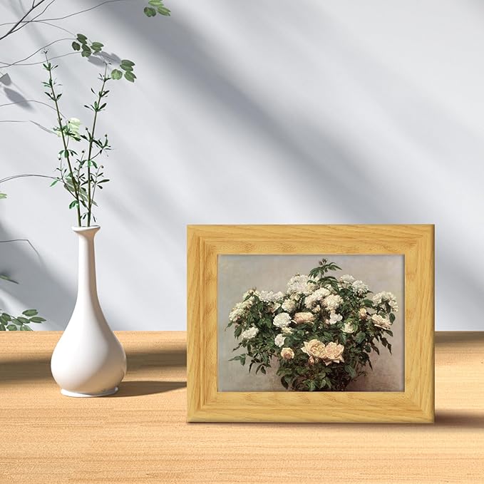 Brivoria Framed Canvas Wall Art Vintage Decor, Realistic Botanical Artwork with White and Pink Rose Bush in Bloom and Soft Background for Kitchen Bedroom Tabletop Display or Shelf Decor, 8"x10"