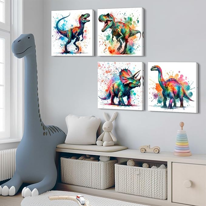 Colorful Dinosaur Canvas Wall Art for Boys Watercolor Dinosaur Painting Prints Kids Bedroom Dino Pictures Wall Decor Toddler Nursery Animal Poster Artwork Bathroom Home Decorations 16x16” 4Pcs