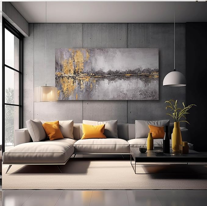 Abstract Wall Art Framed Canvas Wall Decor Gold Grey Pictures Vintage Prints Artwork for Living Room Dinning Room 29"x58"