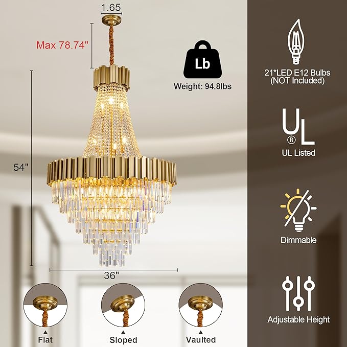 54" Long Crystal Chandelier for High Ceilings, 21-Light Modern Gold Large Chandeliers for Staircase, Foyer, Entryway, Living Room, Hallway, Luxury Top K9 Crystal Tiered Ceiling Light Fixture