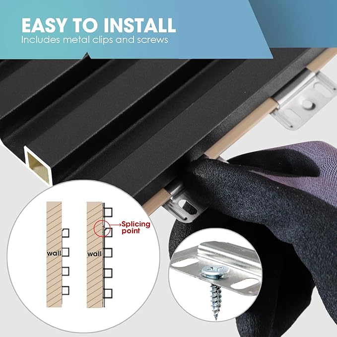 OUZUGIE WPC Acoustic Slat Wall Paneling, 8-Pack 114 x 6 Inches 3D Wall Panels for Interior Wall Decor,Living Room,TV Background,Study Room,Office Spaces,Bedroom,High Grille (Black)