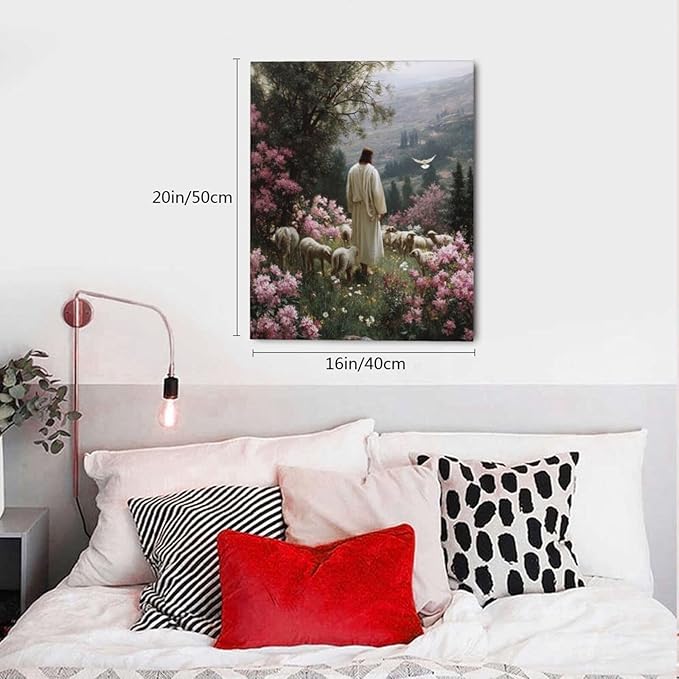 Jesus Wall Art Christian Jesus Lamb Wall Decor Religious God Canvas Painting Pictures Print Christ Decorations for Living Room Bedroom Church Framed Gifts 16”X20”