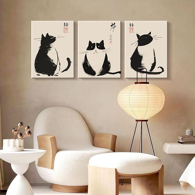 3Pcs Framed Black Cat Japanese Zen Ink Style Cute Funny Animal Wall Art Decor Canvas Print Picture Poster Gallery Bathroom Bedroom Living Room Office 12x16 Inch Ready to Hang
