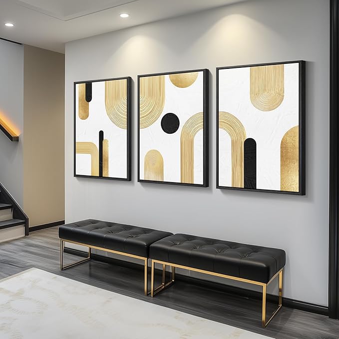 Large Framed Gold Abstract Geometric Wall Art for LIving Room, 3 Piece Modern Canvas Prints Paintings Artwork for Walls, Minimalist Black White Gold Pictures for Hallway Office Wall Decor 24x36 Inch