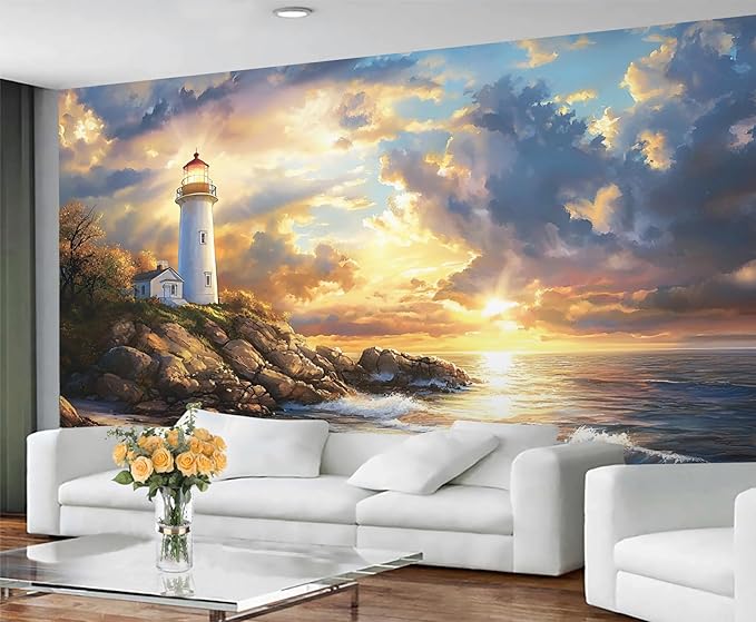Coastal Mural Wallpaper, Ocean Lighthouse Murals, 3D Sunset Ocean Murals Wallpaper for Living Room Bedroom Home Decor Mural - 78.7" W x 39.11" H (Not Peel Stick)
