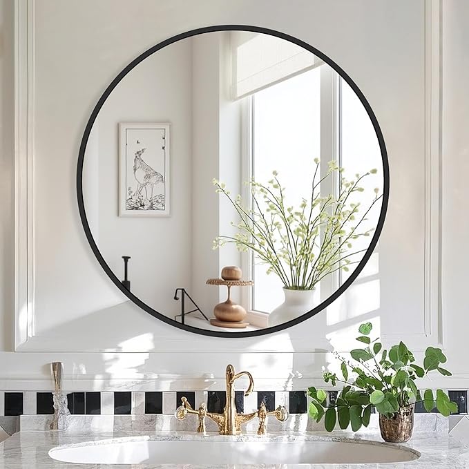 22 Inch Black Round Circle Mirror for Wall,Modern Bathroom Mirrors with Simple Metal Frame, Entryway, Bedroom Vanity, Living Room, Hallway Decor (Matte Black, Wall Mounted)