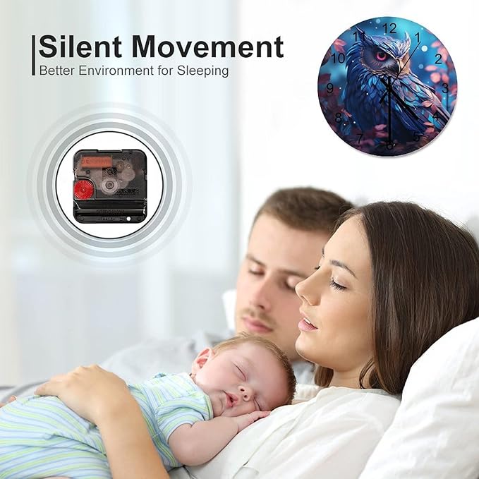 Blue Owl-Themed Circular Wall Clock, Dreamy Background Owl Watercolor Art In The Flower Night Forest, Wooden Silent Wall Decorative Wall Clock Teenagers' Rooms, Living Kitchens 12x12INCH