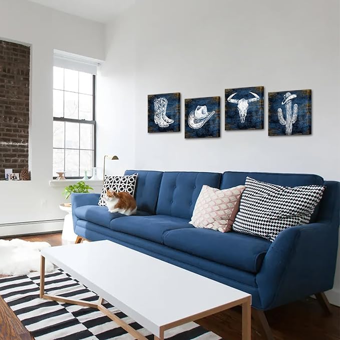 KLVOS Navy Blue Cowboy Wall Art Décor Hat and Boots Painting Cactus Bull Skull Canvas Art Prints Western Picture for Man Cave Room Decor 12x12inchx4 Piece