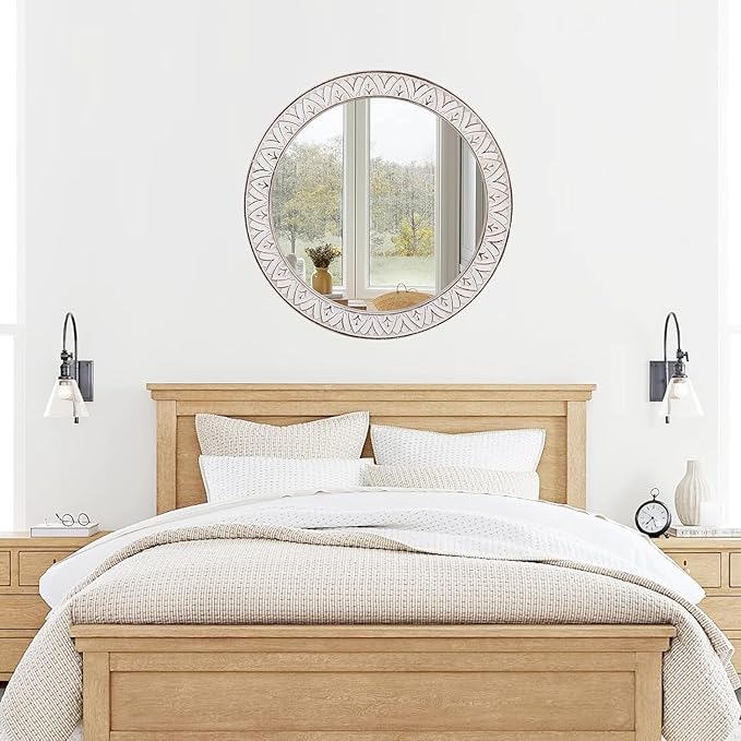 20" Round Rustic Mirror Wooden Frame Circle Mirrors, Distressed Wall Mounted Mirror for Bathroom, Bedroom, Living Room, Entryway, Fireplace, Hall