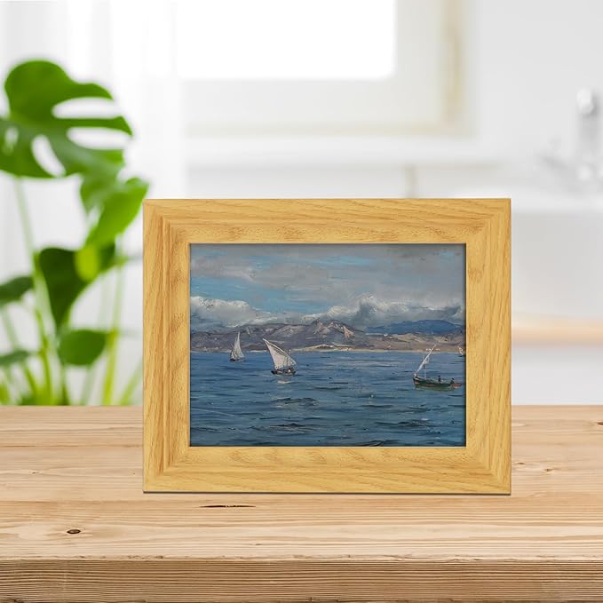 Brivoria Framed Canvas Wall Art Vintage Decor, Coastal Impressionist Seascape with Sailing Boats Ocean Reflections and Cloudy Sky for Kitchen Bathroom Shelf Display or Tabletop Decor, 8"x10"