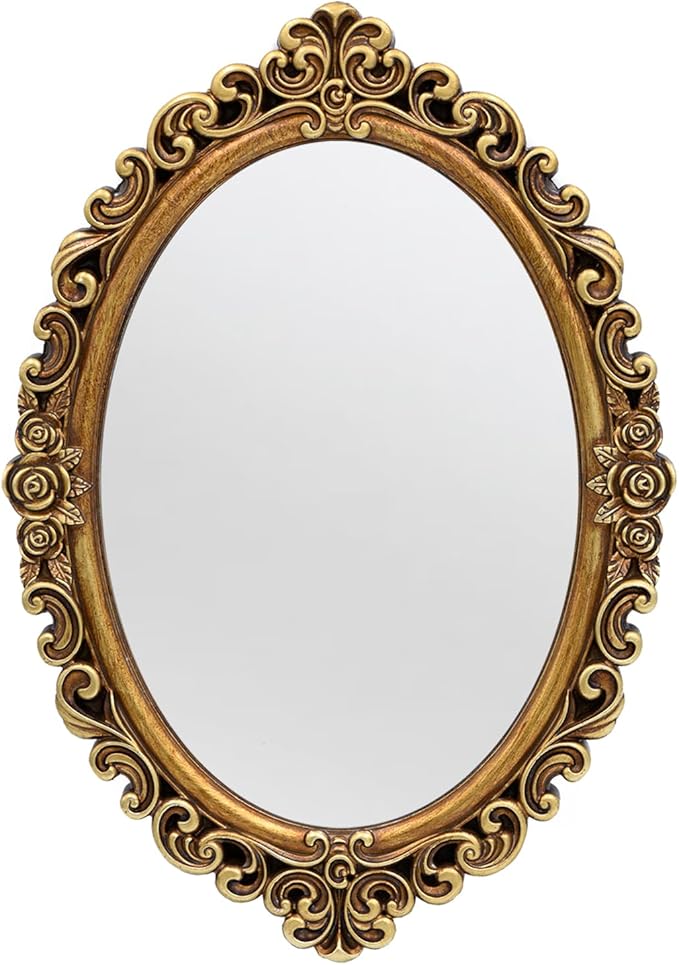 OIGUMR Small Oval Wall Mirror Resin Frame Size：15.7 x 11.2 inch Mirror Vintage Hanging Mirrors for Bedroom Living-Room Dresser Decor Gold