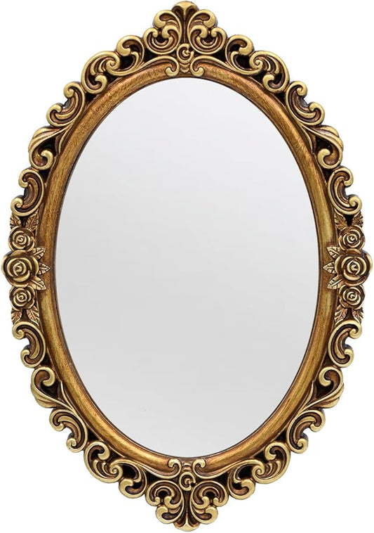 OIGUMR Small Oval Wall Mirror Resin Frame Size：15.7 x 11.2 inch Mirror Vintage Hanging Mirrors for Bedroom Living-Room Dresser Decor Gold