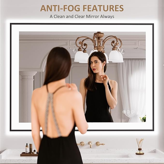 LOAAO 40"X30" LED Bathroom Mirror Black Framed, Anti-Fog, Dimmable, Lighted Bathroom Vanity Mirror for Wall, Memory Function, Tempered Glass