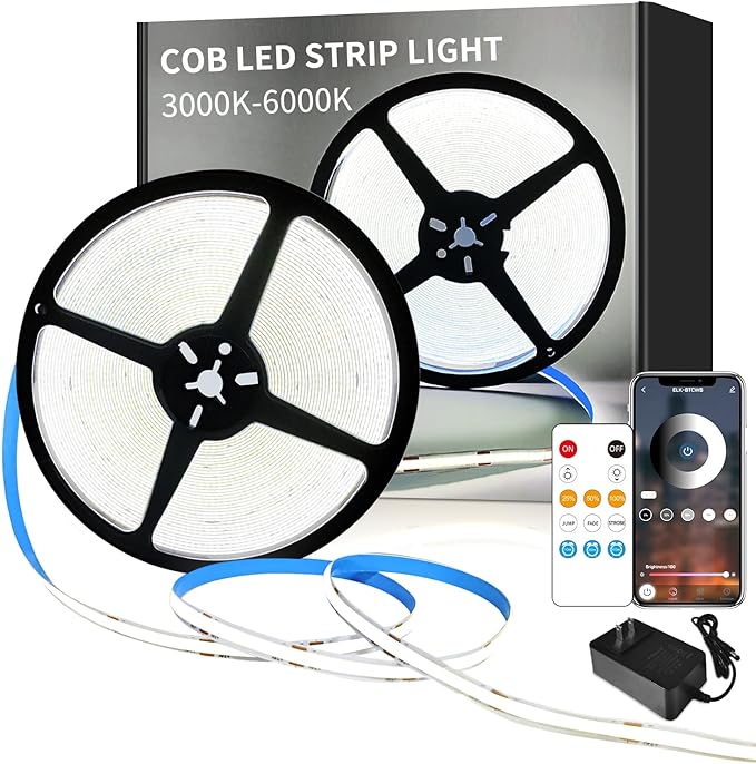 50FT COB LED Strip Lights White Dimmable DC 24V 6000K Flexible LED Tape Light for Bedroom, with Remote and app Control LED Tape Lights,for DIY Home Decoration