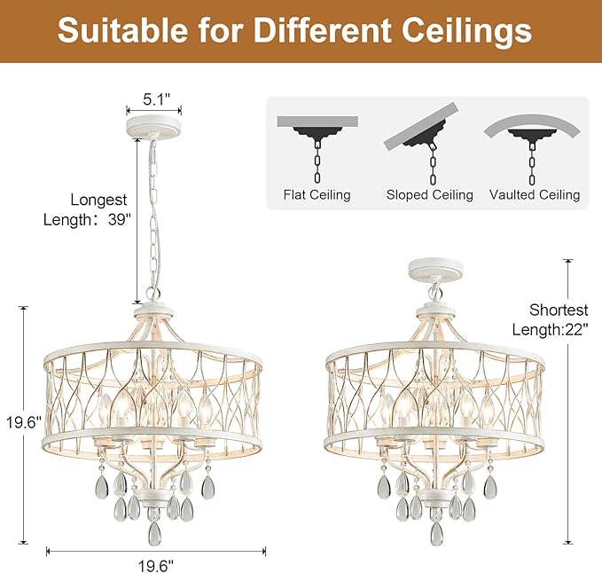 Modern Crystal Chandelier, 5-Light Farmhouse White Chandelier for Dining Room Vintage Hanging Pendant Light Fixtures Round Chandelier for Kitchen Island Entryway Foyer Bedroom Office Bar