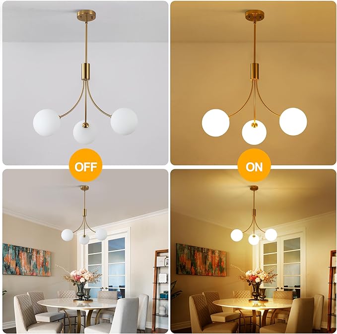 3-Light Modern Farmhouse Gold Chandeliers for Dining Room, Mid Century Pendant Lights Kitchen Island, Globe Sputnik Chandelier for Entryway Living Room Bedroom Office Bathroom