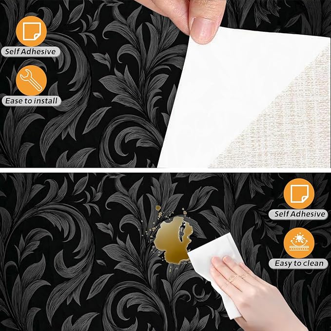 Nuxovilar Black Damask Floral Textured Peel and Stick Wallpaper, 15.75"x39.37", Self-Adhesive Contact Paper, Vintage Elegant Pattern for Bedroom, Living Room and Table Decor