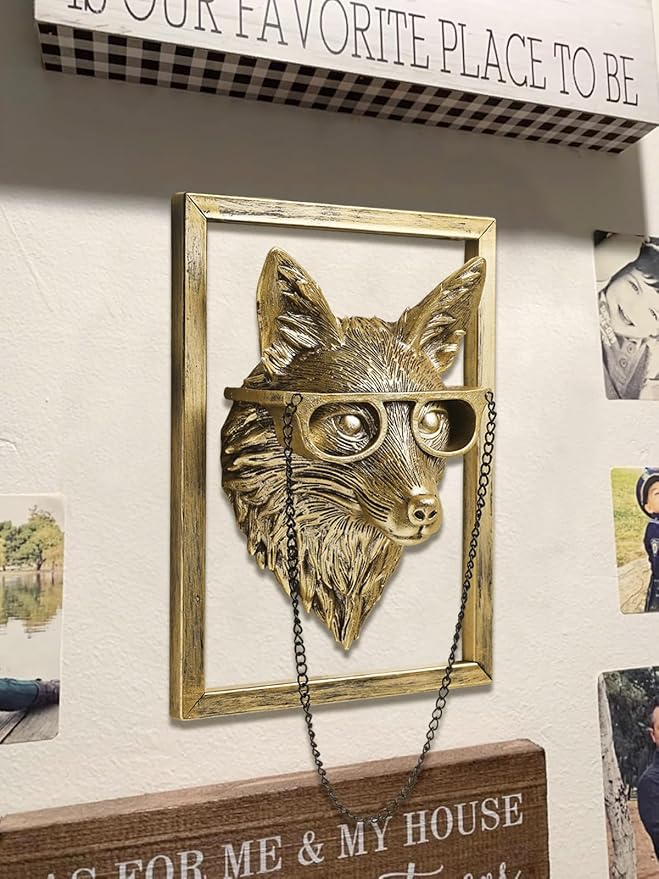 Newinhome Animal Heads Wall Decoration (Gift Metal Frame) Resin Animals Sculptures Head Wall Hanging Decor Gold vintage Wall Sculpture for Living Room Bedroom Office(Fox)