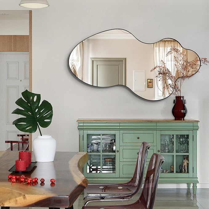 Black Irregular Mirror, Asymmetrical Mirrors, 46.5"x24" Wall Mirror Decorative, Modern Wavy Shaped Mirrors for Living Room Bathroom Bedroom Hallway Entryway Fireplace