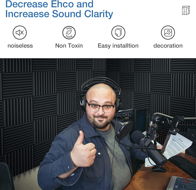 12 Pack Sound Proof Foam Panels for Walls,Self-Adhesive Foam Acoustic Panels Sound Absorbing,High Density Quick-Recovery Soundproof Wall Panels 12" X 12" X 1"-Black and Purple