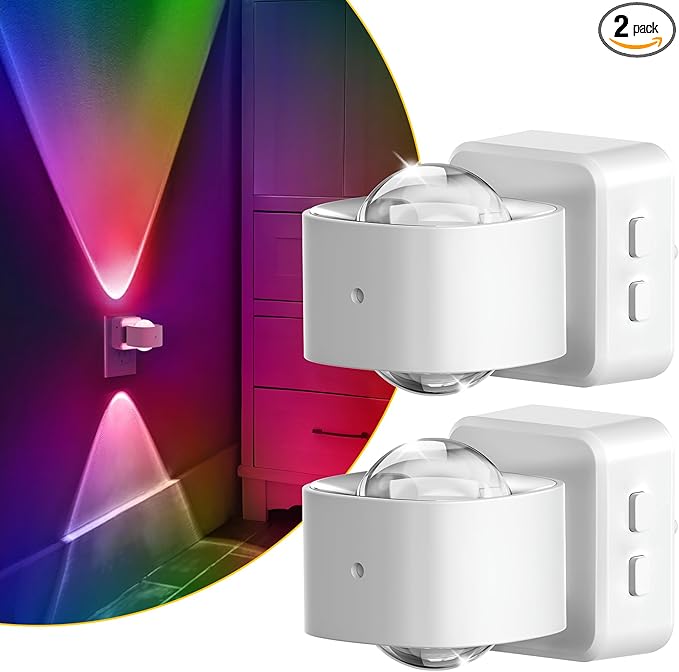 L LOHAS LED Night Light, Color Changing Night Lights Plug into Wall, Rotating White Nightlight, Dusk to Dawn Sensor, RGB Rainbow Nightlights Projector for Bathroom, Gaming Room, Decor, Gifts,2 Pack